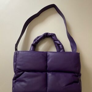 NEW Faux Leather Quilted Puffy Shoulder Purse Small Puffer Tote Bag Grape Purple